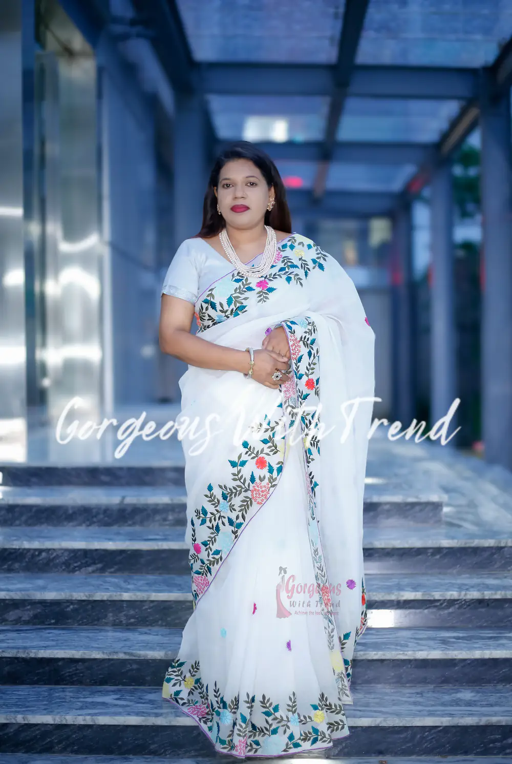 Semi Muslin Embroidery Work Sharee - GWT09 - Image 2